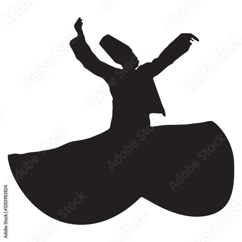 Peaceful sufi dancer dancing calmy isolated over white background editable vector graphic for design purposes.Sufi master dancing in ecstasy silhouette with hands wide spread and spinning.Eps10