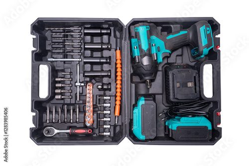 Photography Cordless impact wrench and drill kit with accessories in case on transparent bac