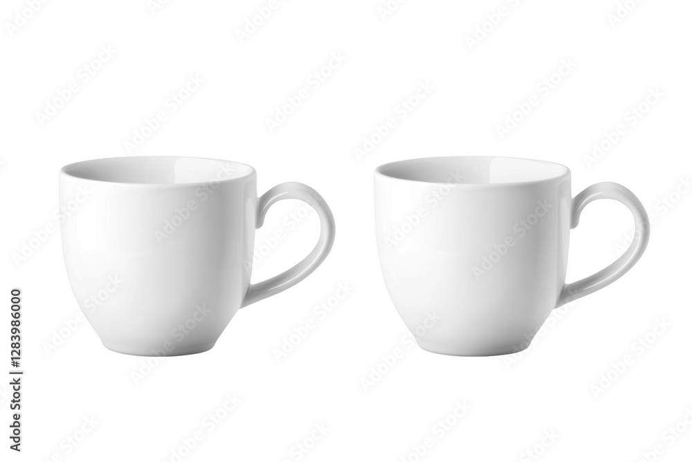 Two White Mugs with Handles, Perfect for Your Morning Coffee or Tea, Empty and Ready for Your Favorite Beverage Two White Mugs with Handles, Perfect for Your Morning Coffee or Tea, Empty and Ready for Your Favorite Beverage