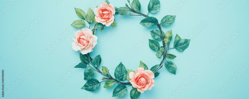 Floral wreath with pink roses on light blue background Floral wreath with pink roses on light blue background