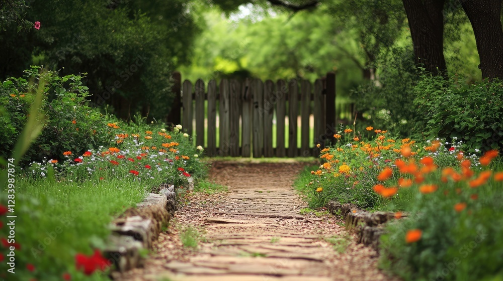A tranquil garden pathway lined with blooming flowers and lush greenery, leading to a quaint wooden gate. A tranquil garden pathway lined with blooming flowers and lush greenery, leading to a quaint wooden gate.
