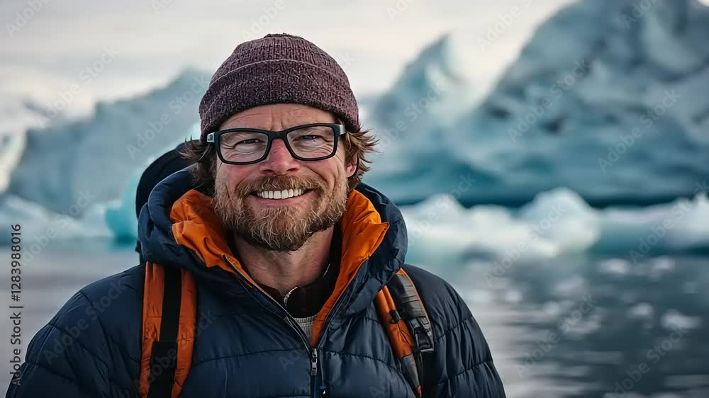 A smiling man in a winter jacket stands near icy formations by a body of water. A smiling man in a winter jacket stands near icy formations by a body of water.