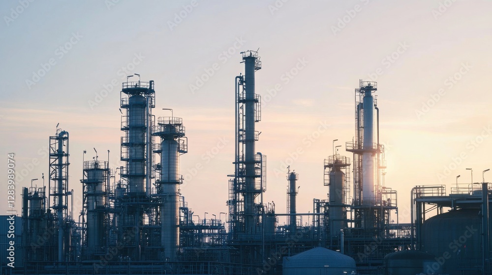 A massive chemical processing facility with safety warning signs