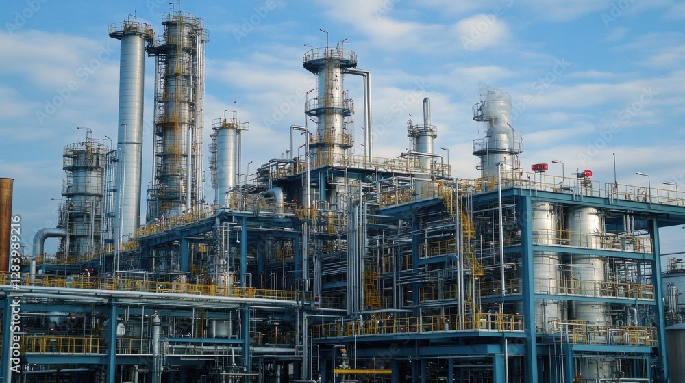 A massive chemical processing facility with safety warning signs A massive chemical processing facility with safety warning signs