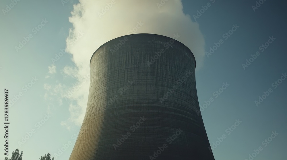 A massive cooling tower at a chemical plant releasing steam into the air A massive cooling tower at a chemical plant releasing steam into the air