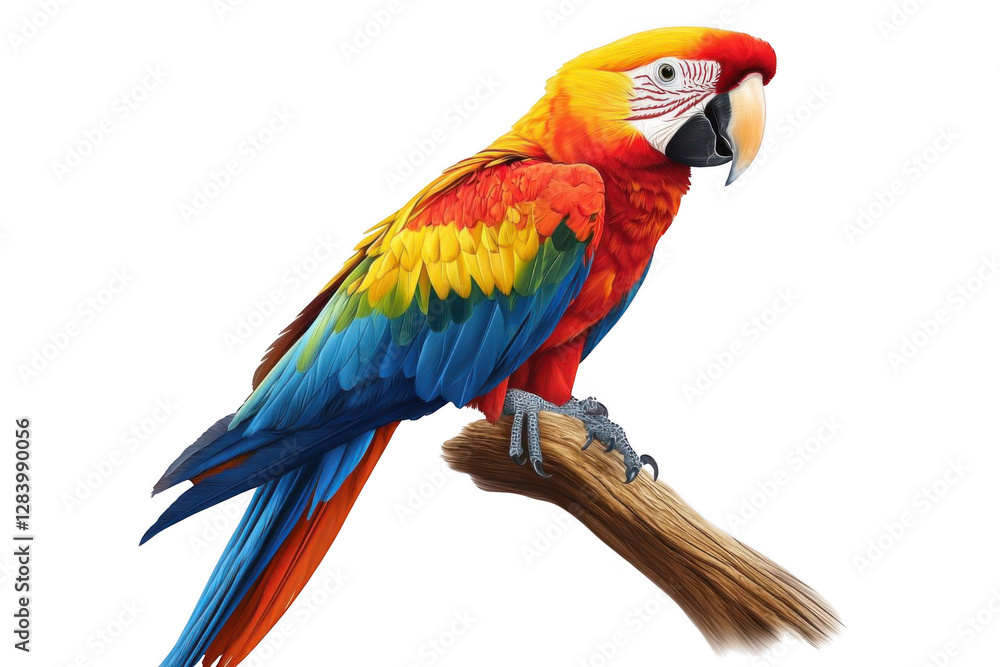 A Vibrant Scarlet Macaw Perches on a Branch, Its Feathers Reflecting a Rainbow of Colors A Vibrant Scarlet Macaw Perches on a Branch, Its Feathers Reflecting a Rainbow of Colors