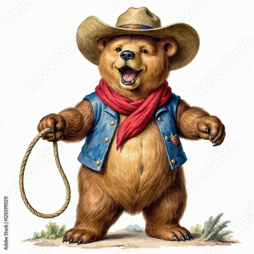 Adorable Brown Bear in Western Gear Holds Rope  Unique Wildlife Photo. A bear wearing a cowboy hat and vest holding a rope. photo