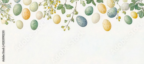 Flat lay featuring hand-painted  soft pastel eggs, surrounded by dried flowers, vintage French-style photography with soft focus edges, subtle grain. Spring theme, empty space for text, banner