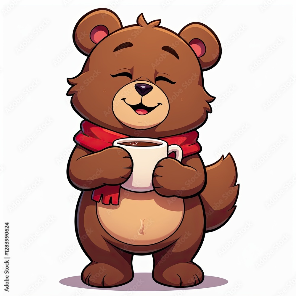 Brown Bear Wearing Red Scarf Holding Coffee on White Background. A brown bear wearing a red scarf holds a cup of coffee. Brown Bear Wearing Red Scarf Holding Coffee on White Background. A brown bear wearing a red scarf holds a cup of coffee.