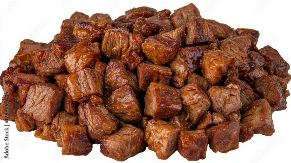 Obraz premium Juicy pork pieces draped in a waterfall of savory sauce, isolated on a white background 