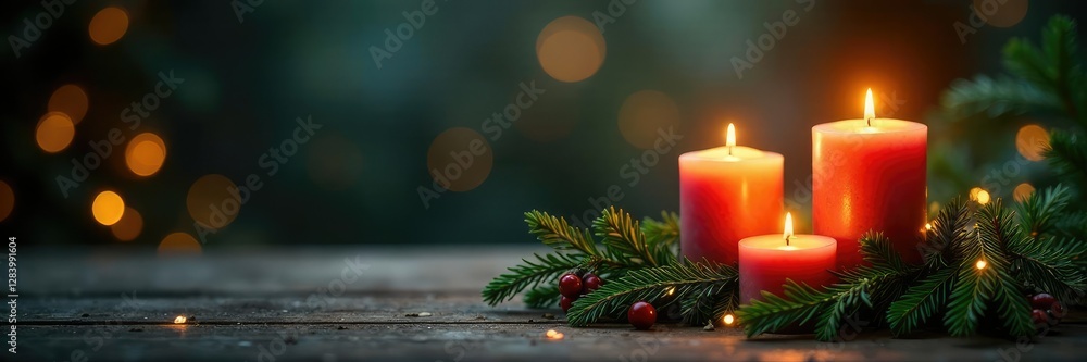 Evergreen branches and candles create a peaceful atmosphere, seren, ambiance Evergreen branches and candles create a peaceful atmosphere, seren, ambiance