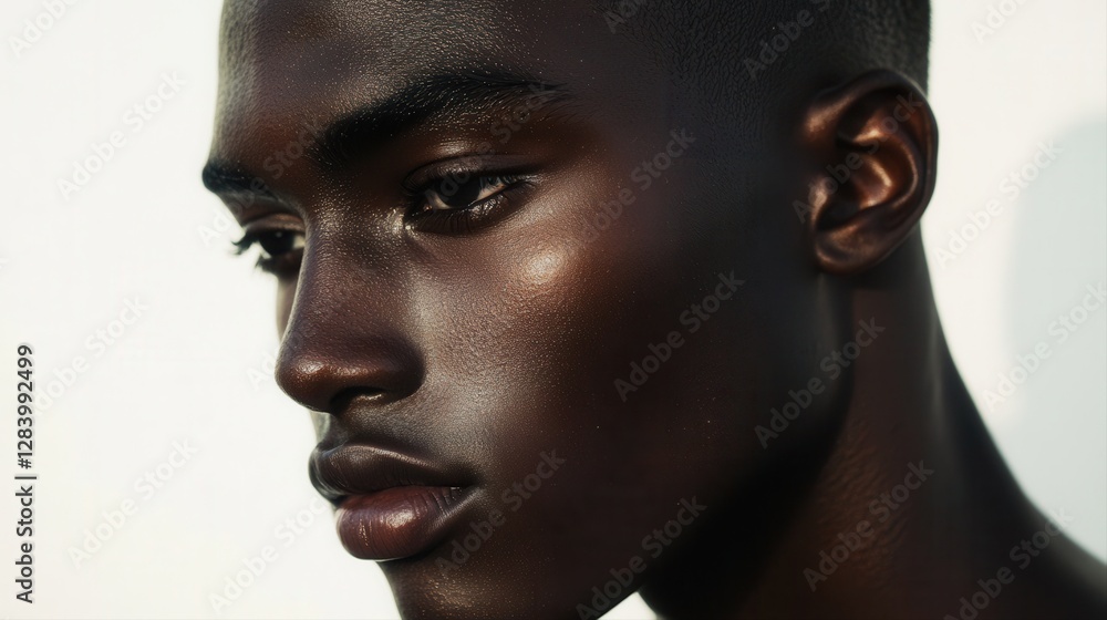 Close-up portraits of a Black man and woman with glowing skin, high contrast lighting, and smooth textures Close-up portraits of a Black man and woman with glowing skin, high contrast lighting, and smooth textures