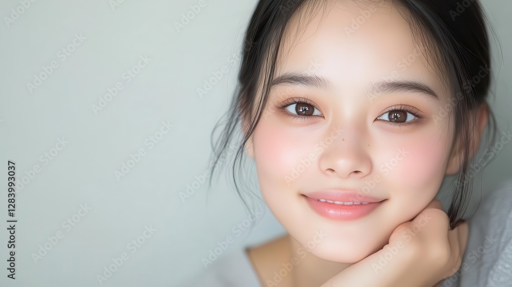 Asian model posing with an elegant expression, subtle smile, glowing skin, refined makeup look, professional beauty photography Asian model posing with an elegant expression, subtle smile, glowing skin, refined makeup look, professional beauty photography