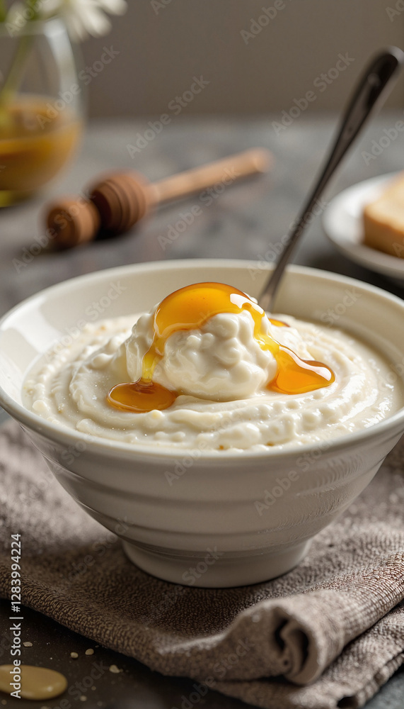 Thick Bulgarian yogurt drizzled with honey in ceramic dish, culinary delight Thick Bulgarian yogurt drizzled with honey in ceramic dish, culinary delight