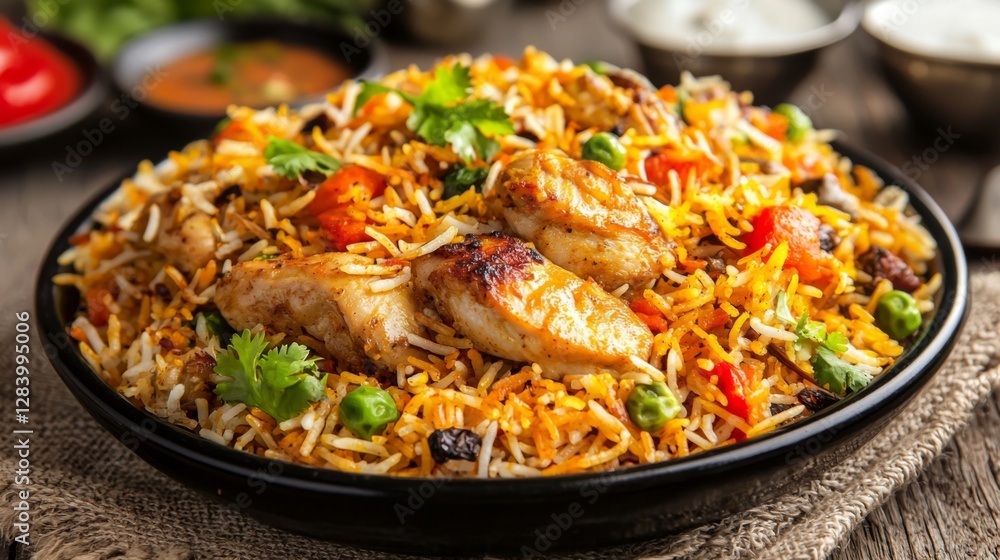 Portion of Chicken Biryani served with freshly chopped salad on the side, no background. --chaos 20 --ar 16:9 --quality 2 --v 6.1 Job ID: 5ae49345-3832-4713-9f94-23836f97019e Portion of Chicken Biryani served with freshly chopped salad on the side, no background. --chaos 20 --ar 16:9 --quality 2 --v 6.1 Job ID: 5ae49345-3832-4713-9f94-23836f97019e
