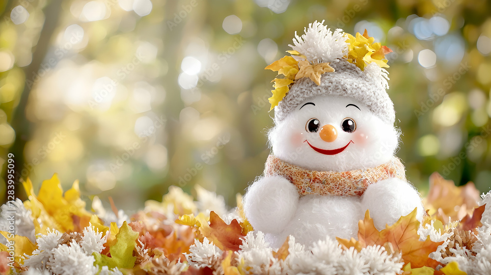 Happy snowman autumn leaves forest bokeh background Happy snowman autumn leaves forest bokeh background