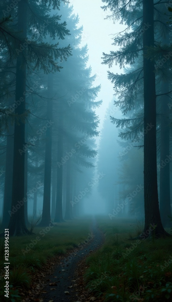 Fototapeta premium Foggy forest scene with trees in misty atmosphere, forest, atmosphere, calm