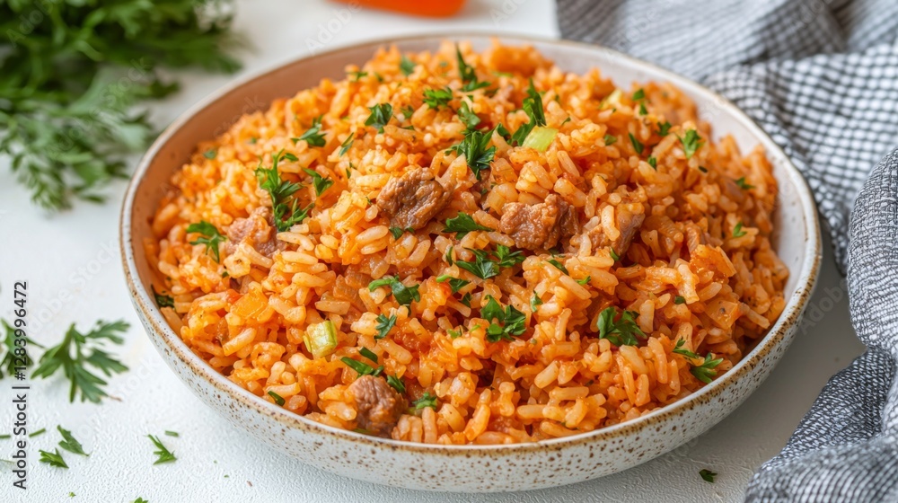 Red Pork Rice with fresh herbs on a white surface. --chaos 20 --ar 16:9 --quality 2 --v 6.1 Job ID: a793bb46-68cd-4574-977f-42f146b82505 Red Pork Rice with fresh herbs on a white surface. --chaos 20 --ar 16:9 --quality 2 --v 6.1 Job ID: a793bb46-68cd-4574-977f-42f146b82505