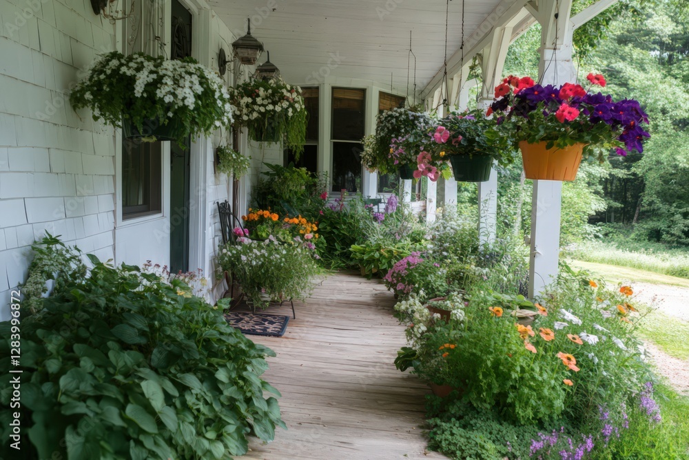 Naklejka premium Rustic White Porch with Vibrant Hanging Flower Baskets and Potted Plants