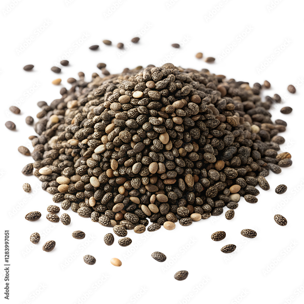 A handful of chia seeds with smooth black skin and rich texture, displayed on an isolated white background, in a hyper-realistic style with soft studio lighting, highlighting their natural texture A handful of chia seeds with smooth black skin and rich texture, displayed on an isolated white background, in a hyper-realistic style with soft studio lighting, highlighting their natural texture