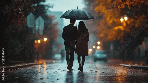 man and woman strolling through the rain under an umbrella