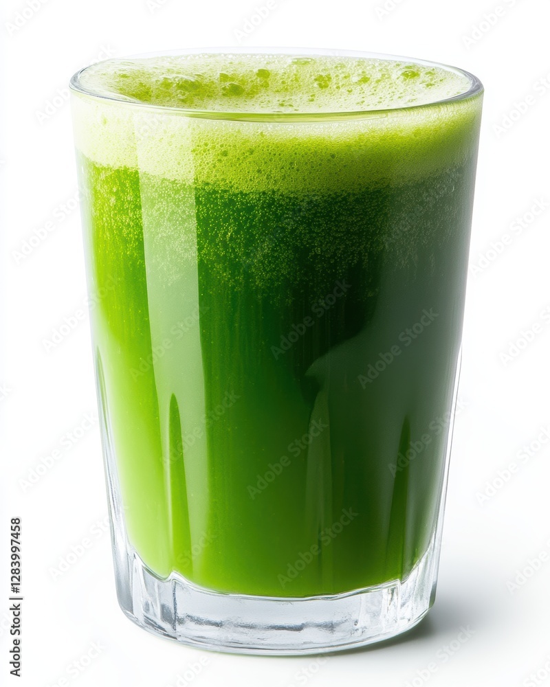 Fresh Green Juice in a Clear Glass with Foam on Top Fresh Green Juice in a Clear Glass with Foam on Top