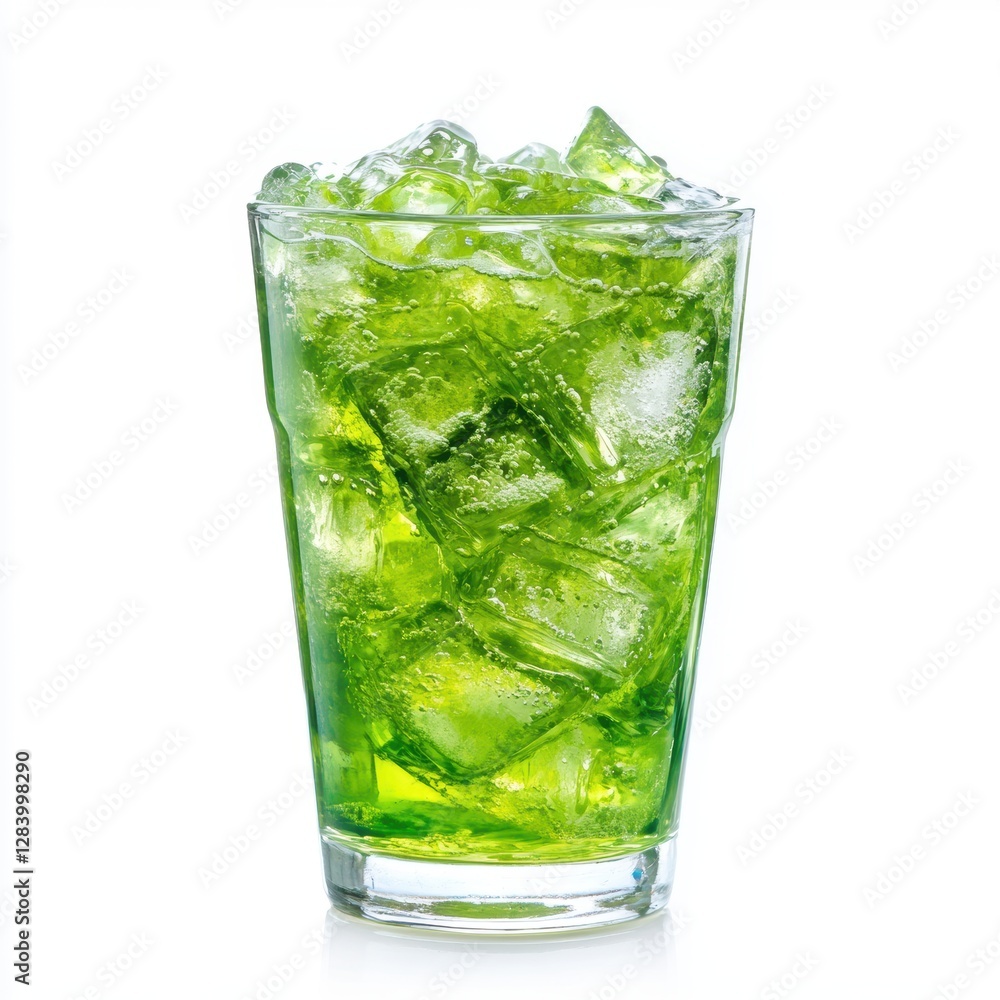 Refreshing Green Drink with Ice in Clear Glass on White Background Refreshing Green Drink with Ice in Clear Glass on White Background