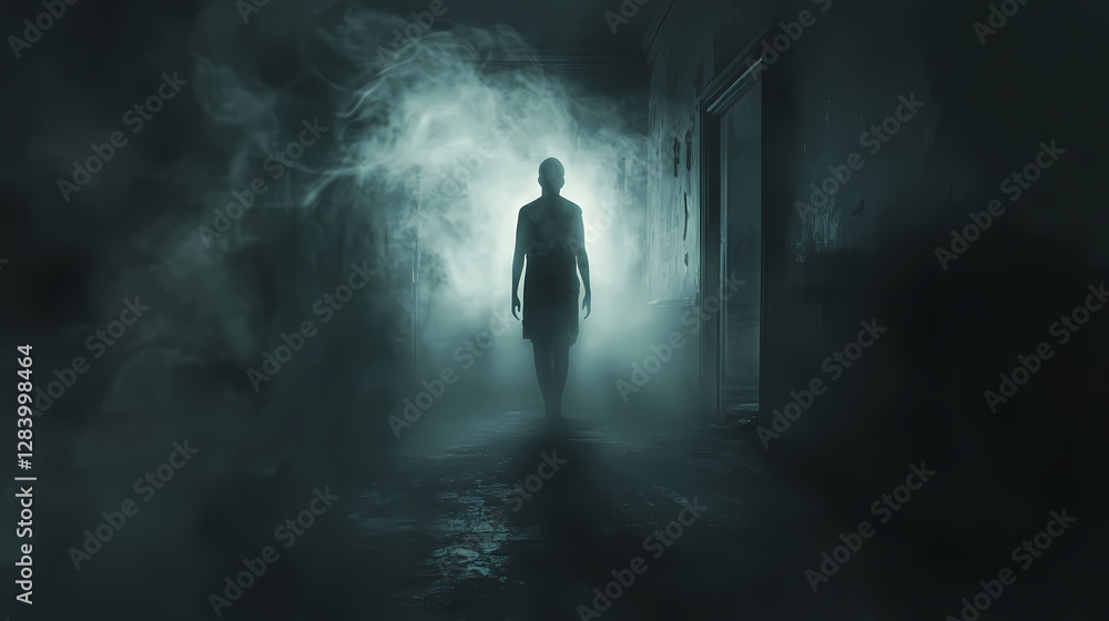 Ghostly figure in a dark room. Flickering Phantoms in the Mist. Illustration Ghostly figure in a dark room. Flickering Phantoms in the Mist. Illustration