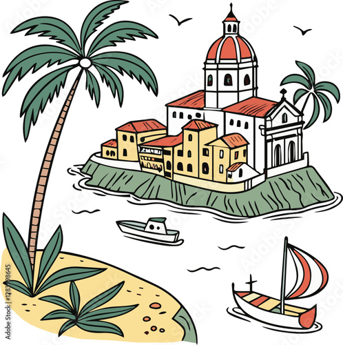 Summer vacation doodle style illustration set. Vector ink hand drawn Italian coast sea or beach print elements. Sea vacation collection for invitation to beach party, picnic, wedding or save the date