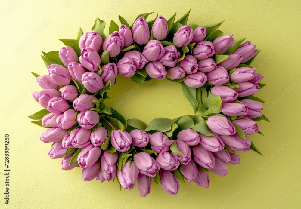 Fototapeta premium Beautiful Oval Pink Tulip Arrangement on Soft Yellow Background