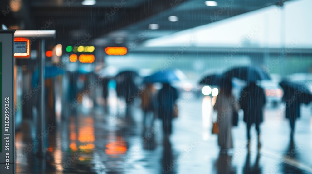 Toll booth in a busy city during a rainy day with umbrellas. Featuring urban travel and rainy weather Toll booth in a busy city during a rainy day with umbrellas. Featuring urban travel and rainy weather