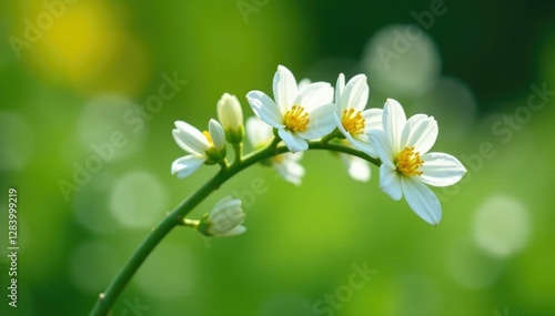 Gentle white blooms start to emerge on the broom-like stem, garden, bloom