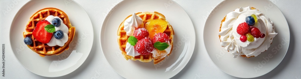 Delicious Waffles with Fresh Fruits and Whipped Cream Presentations Delicious Waffles with Fresh Fruits and Whipped Cream Presentations