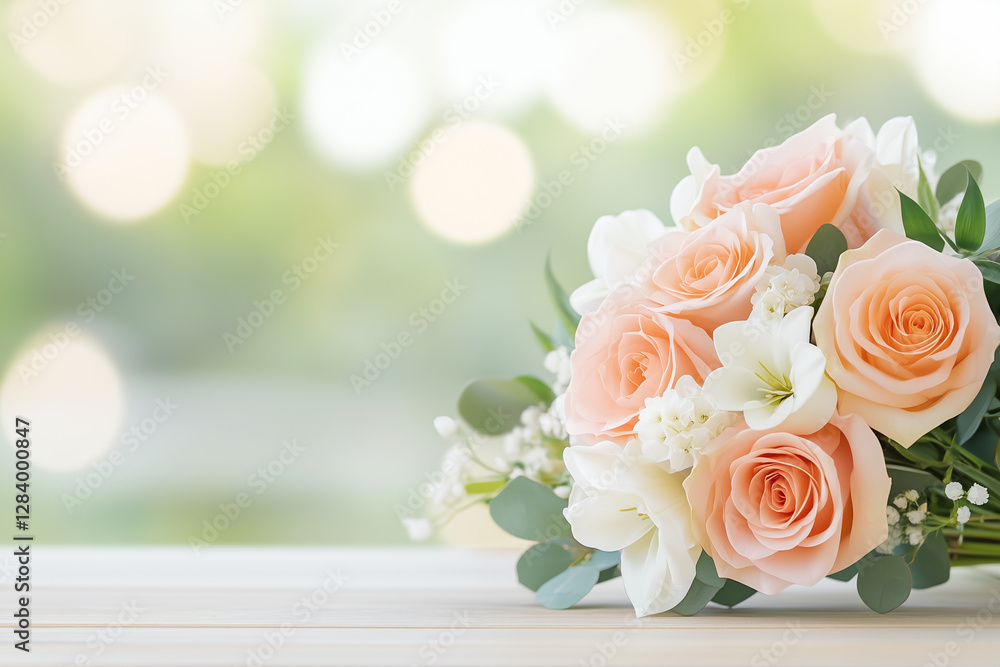 Soft-focus floral bouquet on a wooden table, pink roses and white lilies, elegant wedding theme. Leave 30% space for text. Soft-focus floral bouquet on a wooden table, pink roses and white lilies, elegant wedding theme. Leave 30% space for text.
