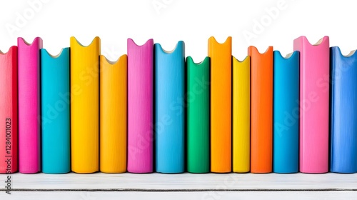 Colorful Book Spines on a White Shelf with Bright, Vibrant Covers