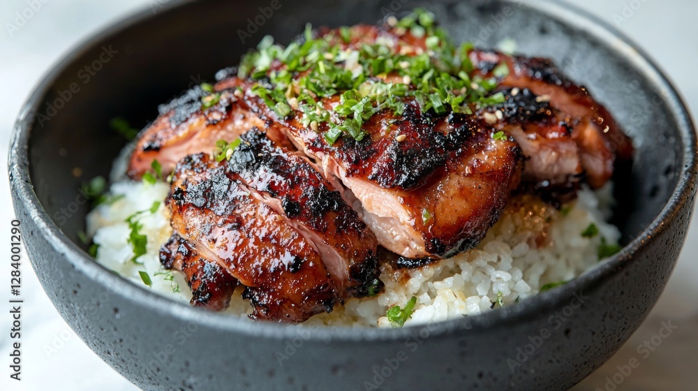 Steamed rice topped with marinated chicken, captured in a plain setting with no background. --chaos 20 --ar 16:9 --quality 2 --v 6.1 Job ID: 140f941a-7886-42f7-acf3-90e787003a25 Steamed rice topped with marinated chicken, captured in a plain setting with no background. --chaos 20 --ar 16:9 --quality 2 --v 6.1 Job ID: 140f941a-7886-42f7-acf3-90e787003a25