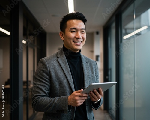 Confident young professional dressed smartly, smiling and holding a tablet, standing in a modern office hallway with natural lighting, representing leadership and innovation in a business environment