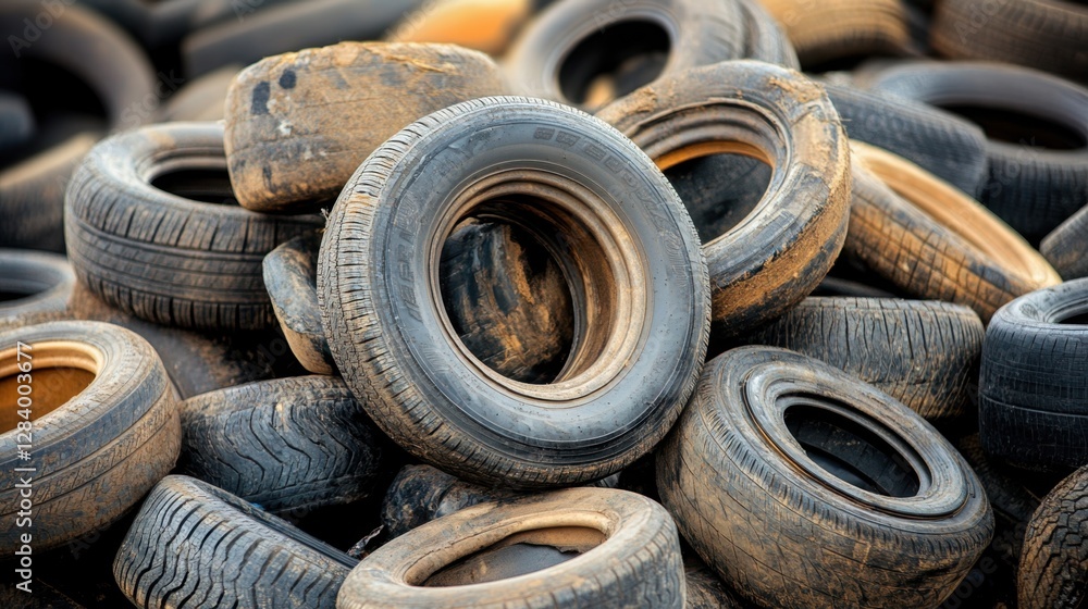 Discarded car tires piled up for rubber recycling and reuse in industrial applications Discarded car tires piled up for rubber recycling and reuse in industrial applications