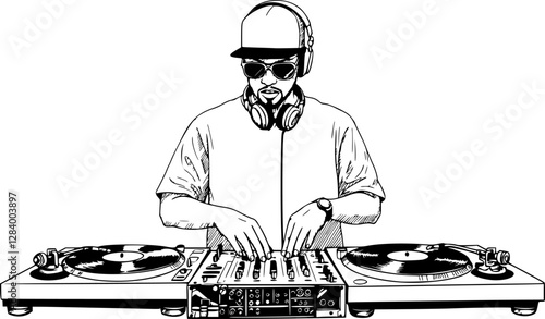 Black and white illustration, DJ with turntables, skeleton skull face, headphones, baseball cap, vinyl records, mixing equipment, detailed line art, urban culture, music scene, gothic style, hip hop a