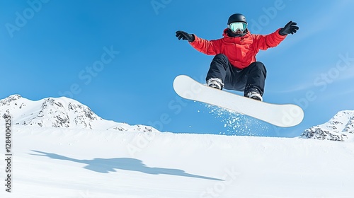 Snowboarder performing a jump in a winter landscape snowy mountains action shot bright blue sky