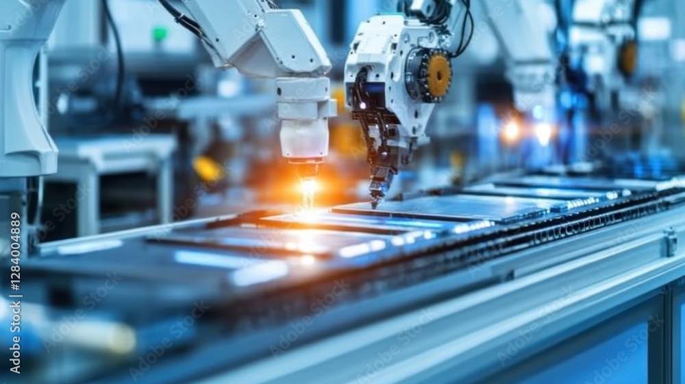 Fototapeta premium Fully automated manufacturing system assembling smart devices with robotic efficiency