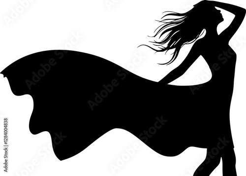 Silhouette of a black girl in a flowing dress on a white background vector

