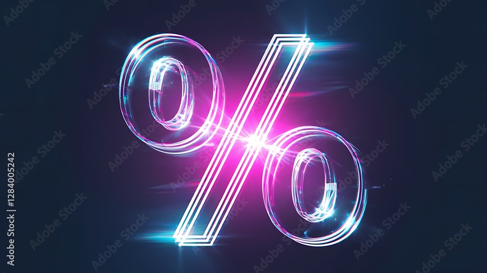 Fototapeta premium A three-dimensional percent symbol with a glossy, rainbow-colored transparency. A dark black background.