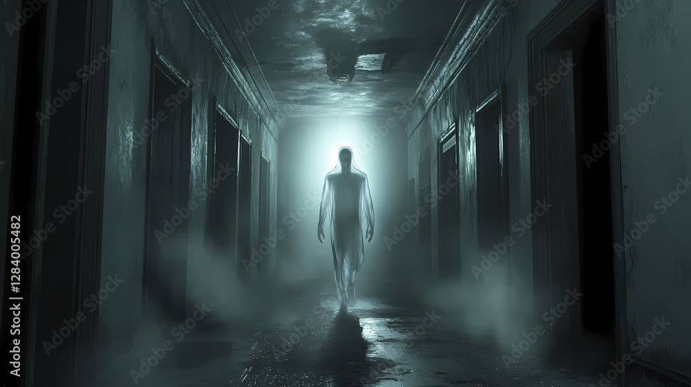 A transparent ghostly humanoid figure walks through an old abandoned hallway with flickering dim lights creating an eerie supernatural atmosphere. Flickering Phantoms in the Mist. Illustration A transparent ghostly humanoid figure walks through an old abandoned hallway with flickering dim lights creating an eerie supernatural atmosphere. Flickering Phantoms in the Mist. Illustration