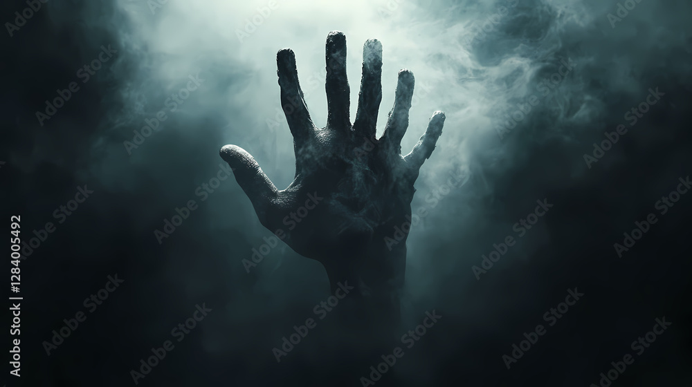 Creepy hand on dark smoky background. halloween concept. cinematic moody scene, horror movie theme. Flickering Phantoms in the Mist. Illustration Creepy hand on dark smoky background. halloween concept. cinematic moody scene, horror movie theme. Flickering Phantoms in the Mist. Illustration