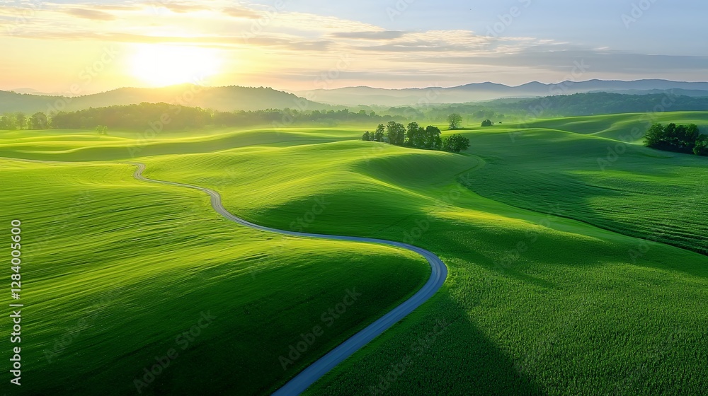 Serene Green Field Landscape With Winding Path at Sunset Under Dramatic Sky With Sun Burst Serene Green Field Landscape With Winding Path at Sunset Under Dramatic Sky With Sun Burst