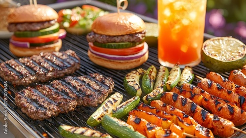 Grilling delicious burgers and vegetables backyard bbq food photography summer evening family gathering