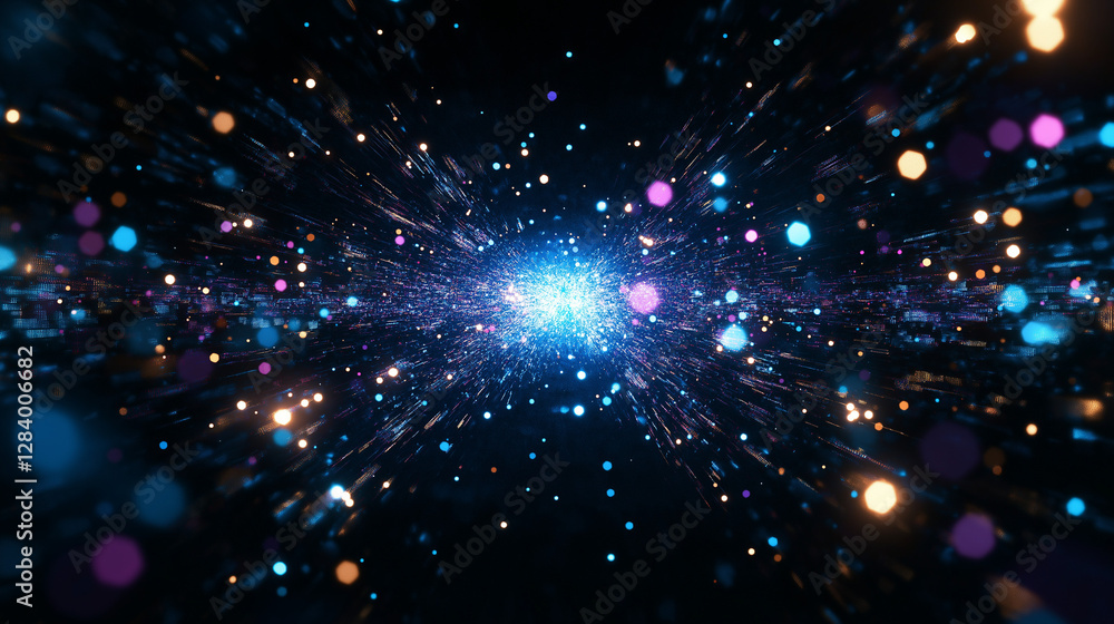 Obraz premium Cosmic Tunnel of Light: A stunning digital artwork captures a mesmerizing journey through a tunnel of light, composed of shimmering particles and vibrant bokeh.