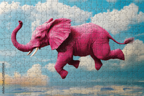 Surreal Pink Elephant Flying in the Sky as a Jigsaw Puzzle with a Dreamlike Background