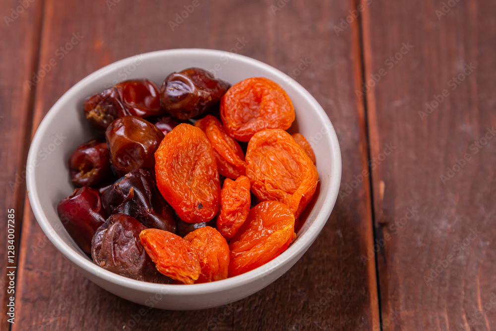 Dried dates and apricots in a bowl on a wooden table iftar suhoor month of ramadan. copy space Dried dates and apricots in a bowl on a wooden table iftar suhoor month of ramadan. copy space